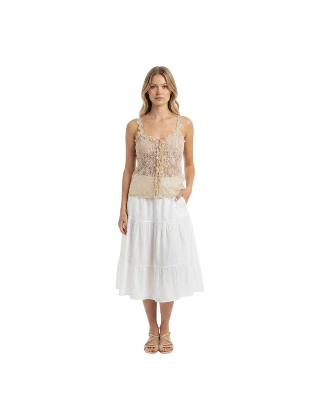 Eloise Women's Sleeveless Top L Vintage Y2K Coquette Fairycore Boho Lace Beige
